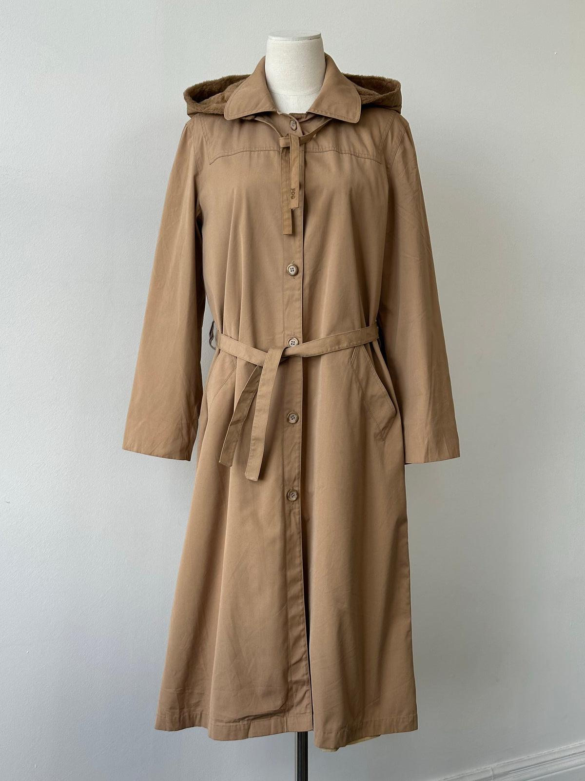 London Fog 1980s Cotton Belted Hooded Belted Trench - M