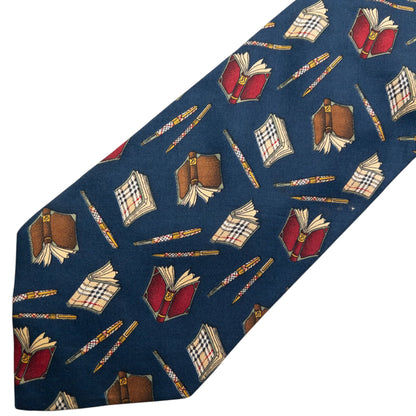 Vintage 90s Burberry Book & Pen Pattern Silk Tie | O/S, Blue