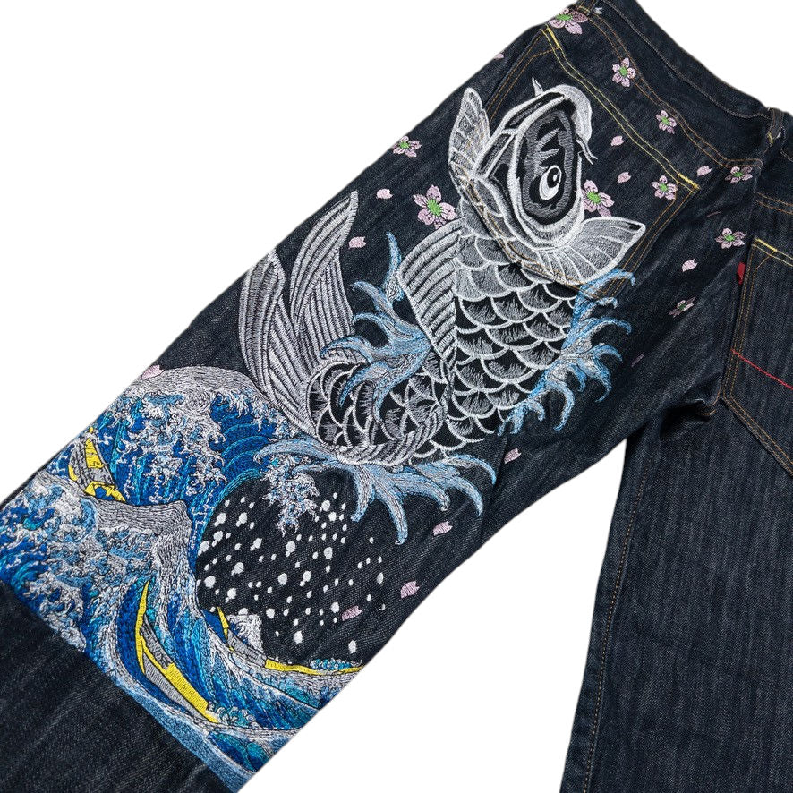 Vintage Sugoi Embroidered Koi Fish Japanese Denim Jeans Size W31