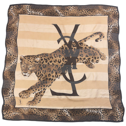 Vintage 90s YSL Yves Saint Laurent Leopard Print Silk Scarf | O/S, Beige