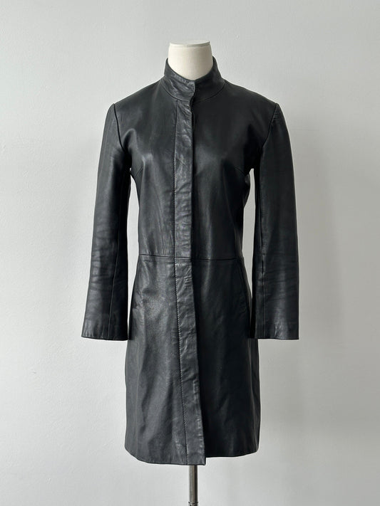 Vintage 1990s High Neck Concealed Placket Leather Trench Coat - XS-S