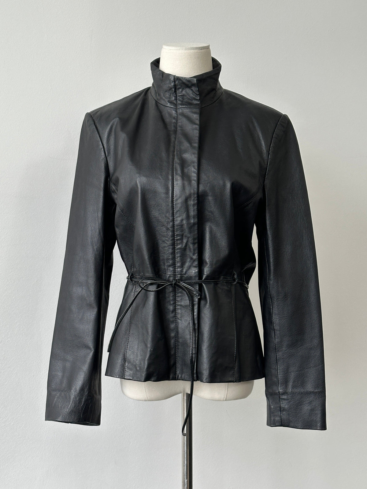 Vintage 2000s Tie Belt High Neck Leather Jacket -