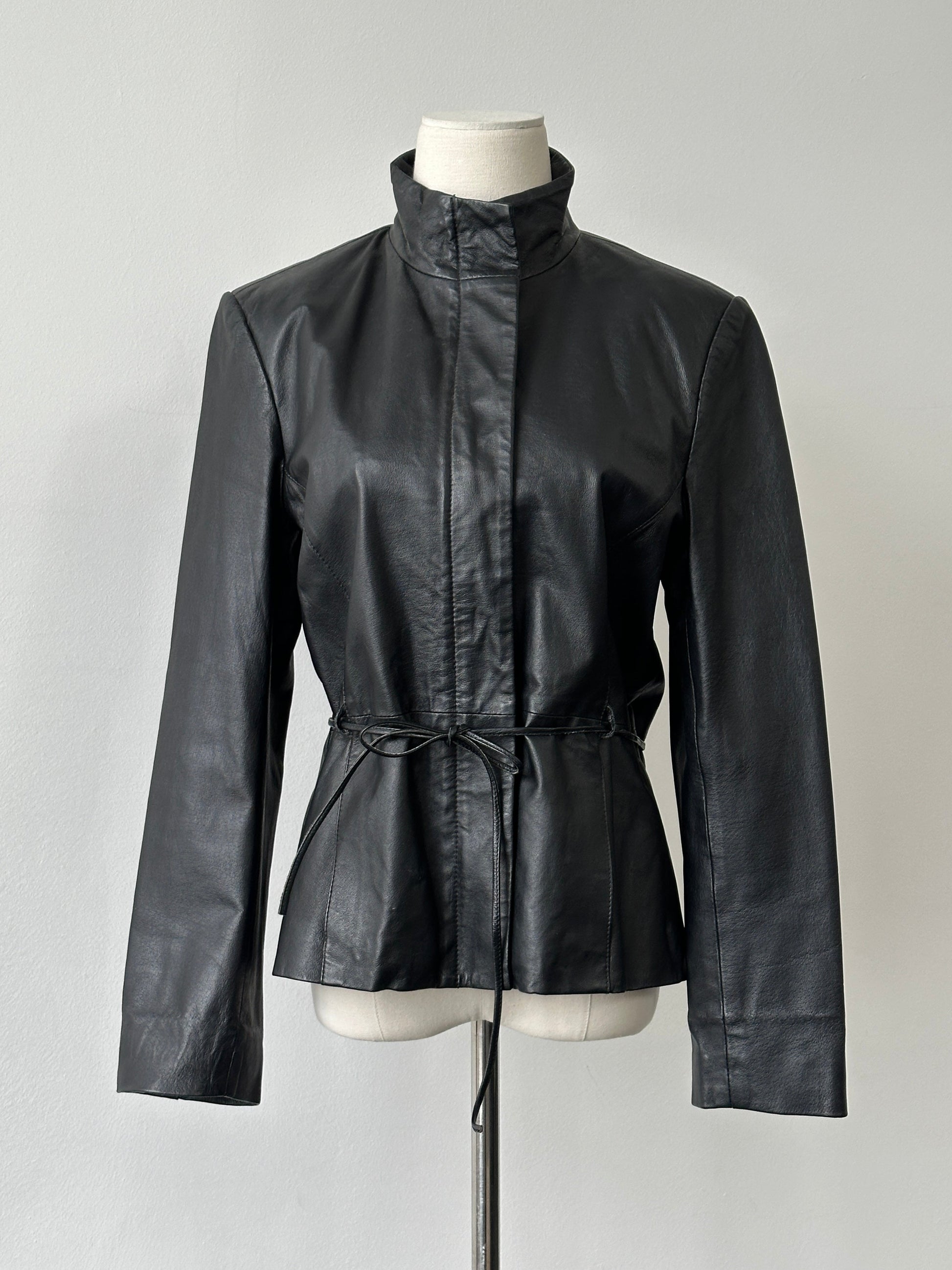 Vintage 2000s Tie Belt High Neck Leather Jacket -
