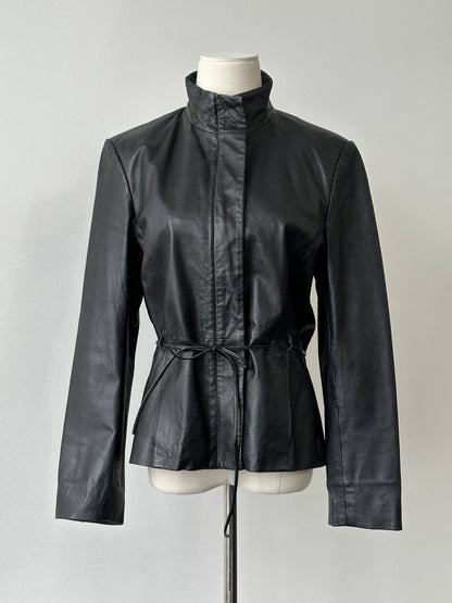 Vintage 2000s Tie Belt High Neck Leather Jacket -