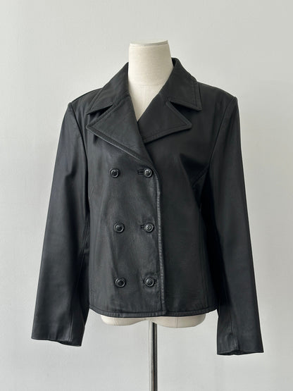 Vintage 1990s Cropped Double Breasted Leather Jacket - M