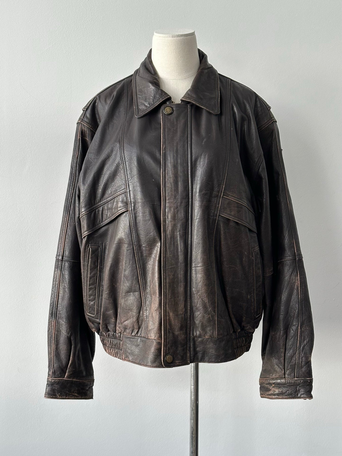Vintage 1990s Distressed Leather Bomber Jacket - XL