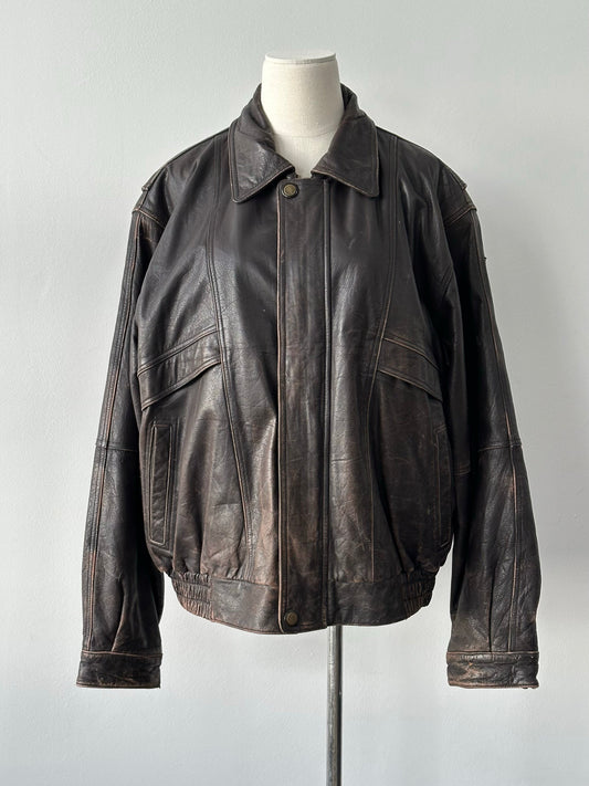 Vintage 1990s Distressed Leather Bomber Jacket - XL