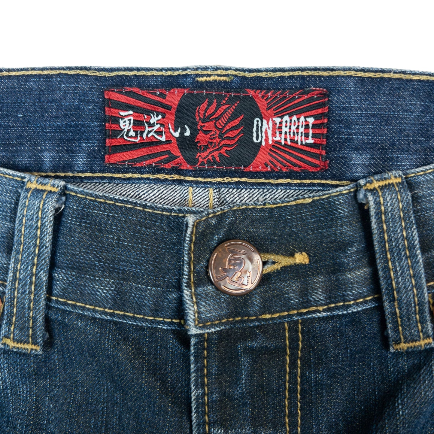 Vintage Oniarai Japanese Monster Embroidered Denim Jeans Size W35