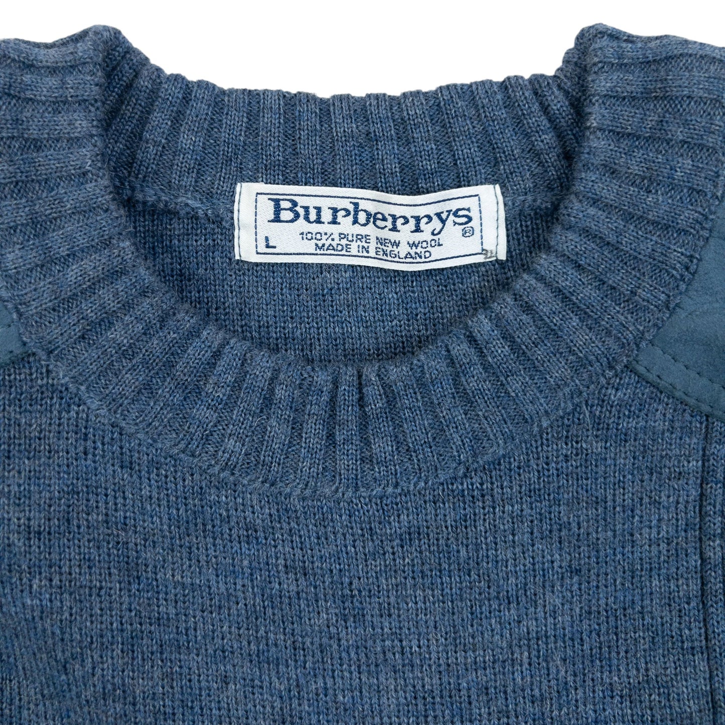 Vintage 90s Burberry Suede Patch Wool Jumper Size M | Large, Blue
