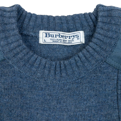 Vintage 90s Burberry Suede Patch Wool Jumper Size M | Large, Blue