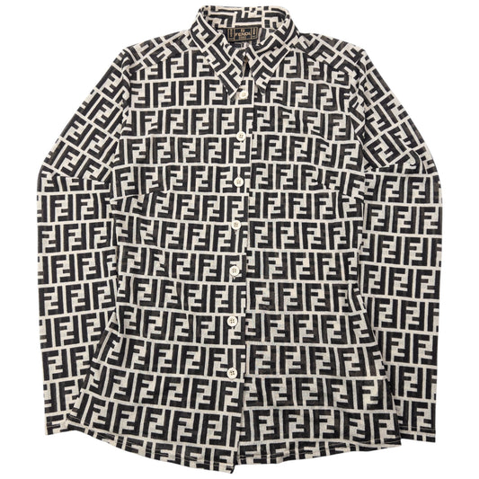 Vintage 90s Fendi Monogram Mesh Sheer Long Sleeve Button Up Shirt Womens Size M | Medium, Cream