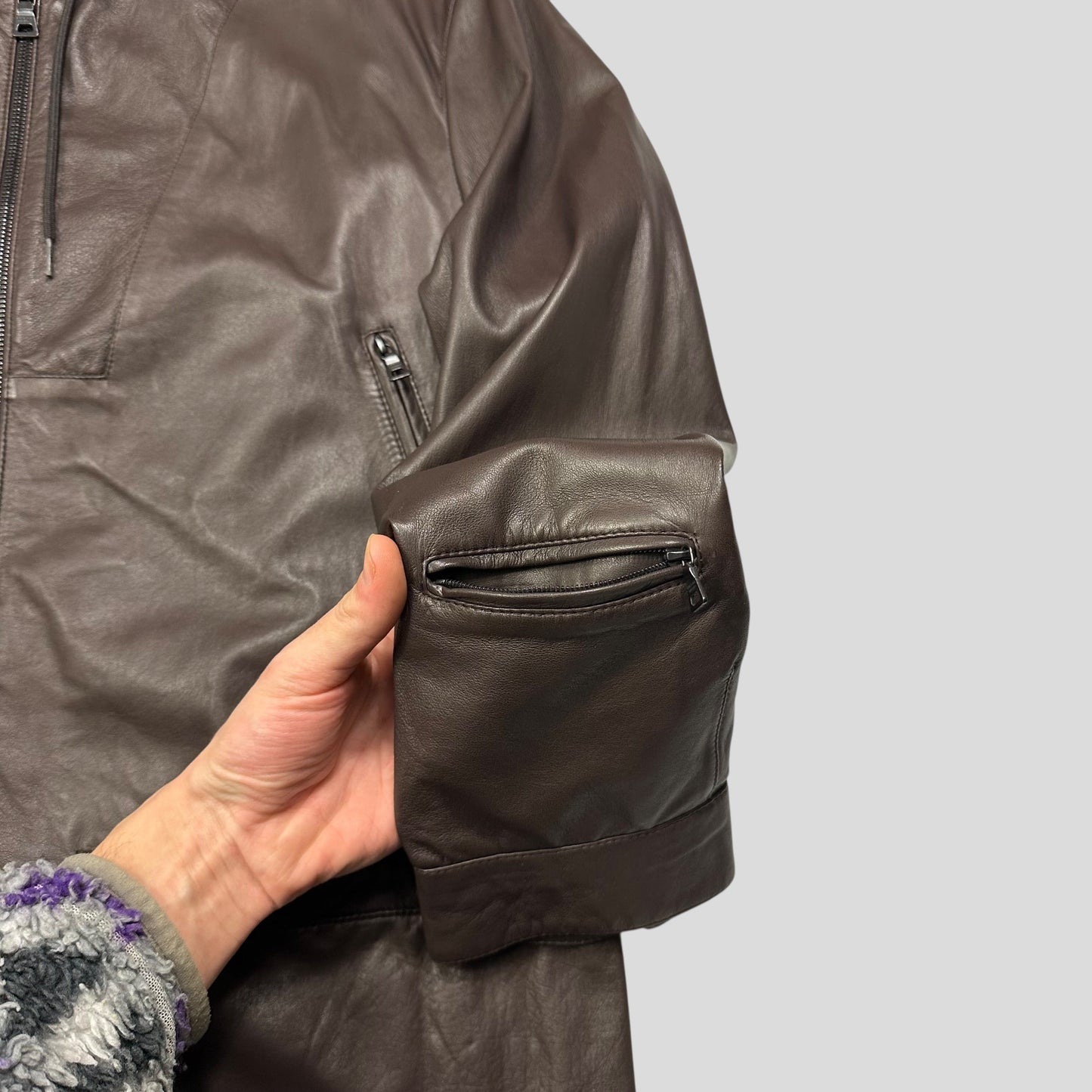 Prada Milano 00’s Nappa Leather Stash Pocket Hooded Jacket - L | Default Title, Brown