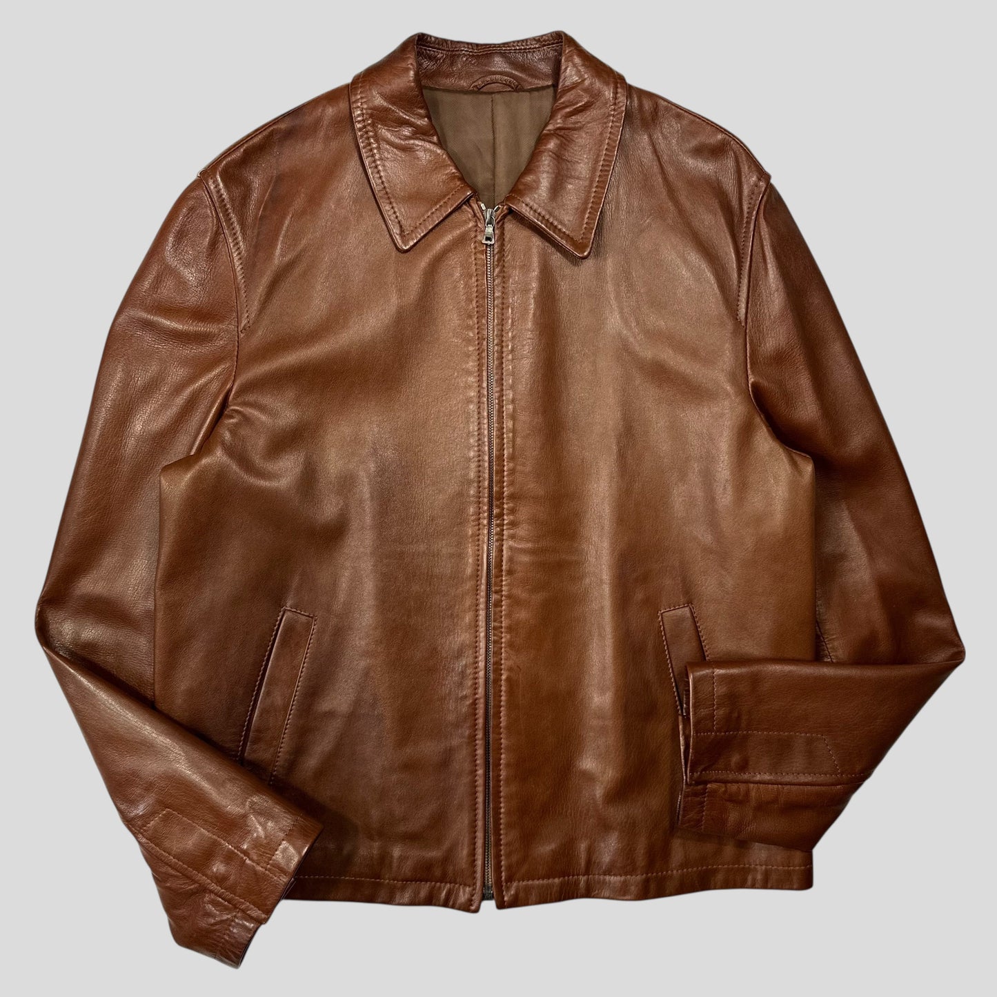 Prada Milano FW98 Whiskey Leather Nylon Lined Zip Work Jacket - IT50 | Default Title, Brown