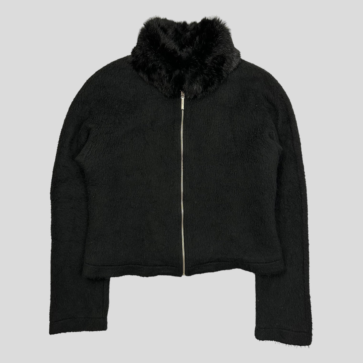 Moschino Jeans 00’s Rabbit Fur Collar Cropped Furry Jacket - UK8-12 | Large, Black