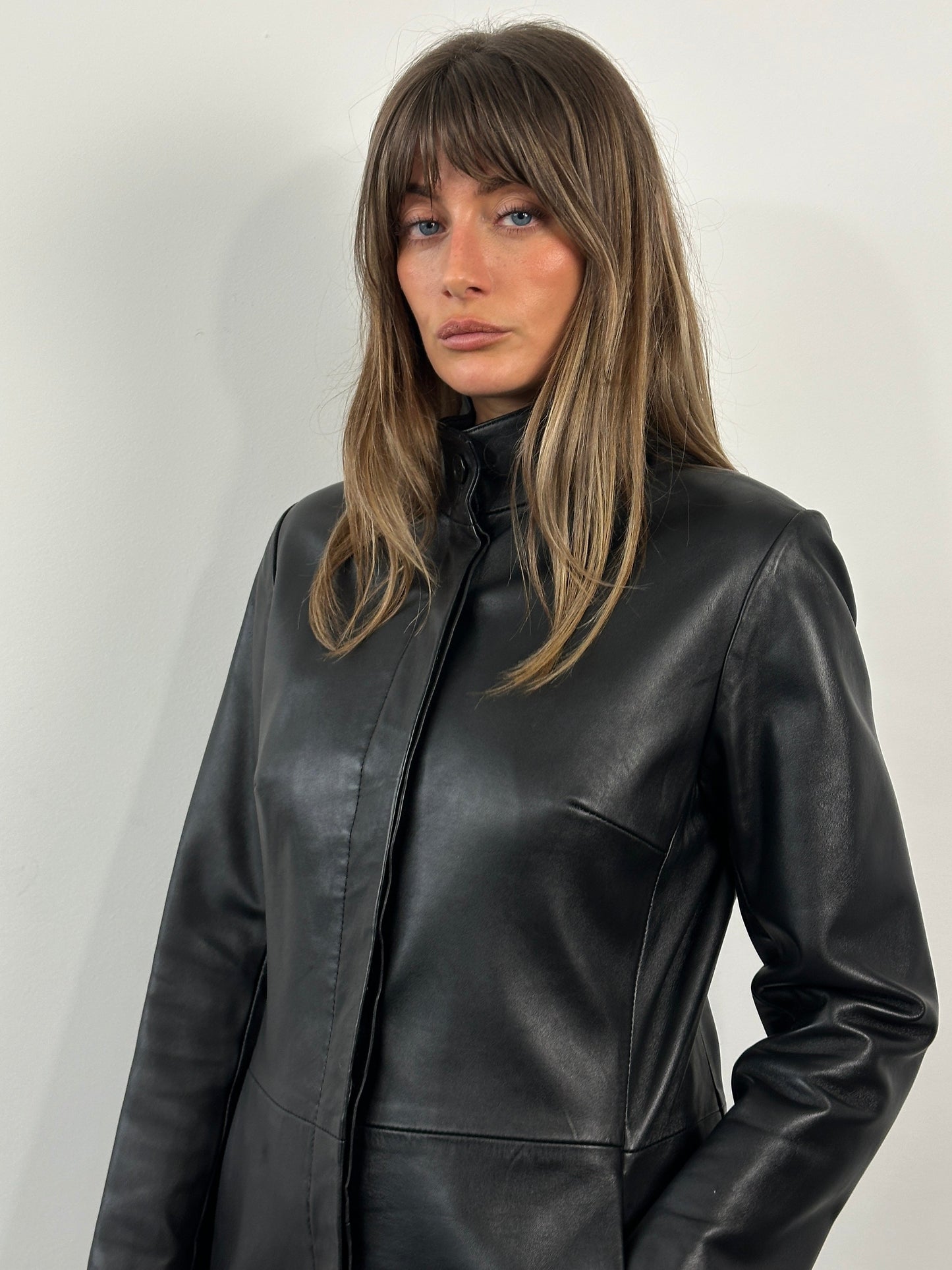Vintage 1990s Minimal High Neck Leather Jacket - S