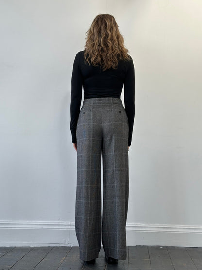 Max Mara 2000s Brushed Wool High Waisted Wide Leg Check Trousers - W28