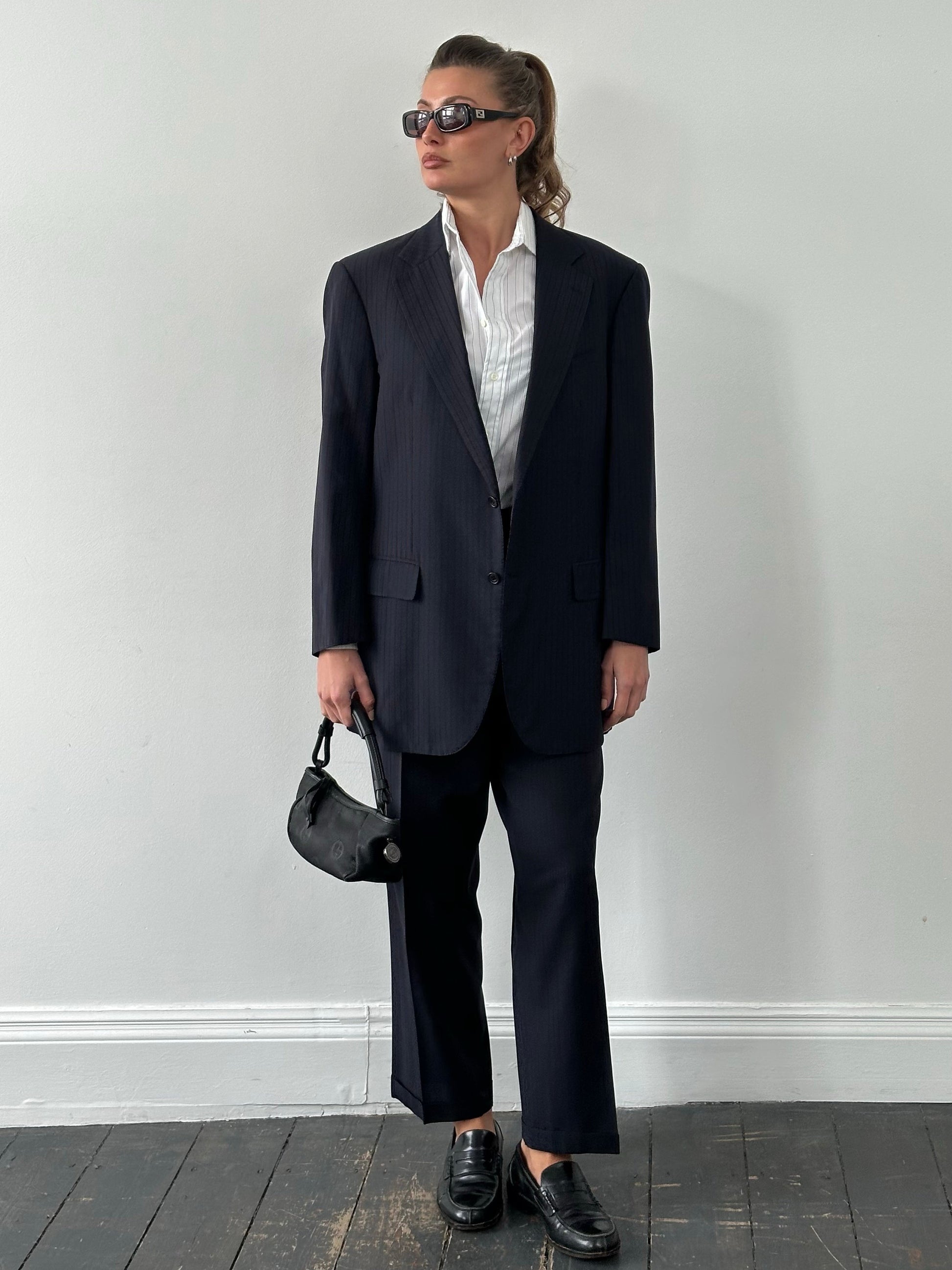 Burberry London 1990s pure wool striped suit in size 42S/W34, tailored with classic pattern and structured fit.