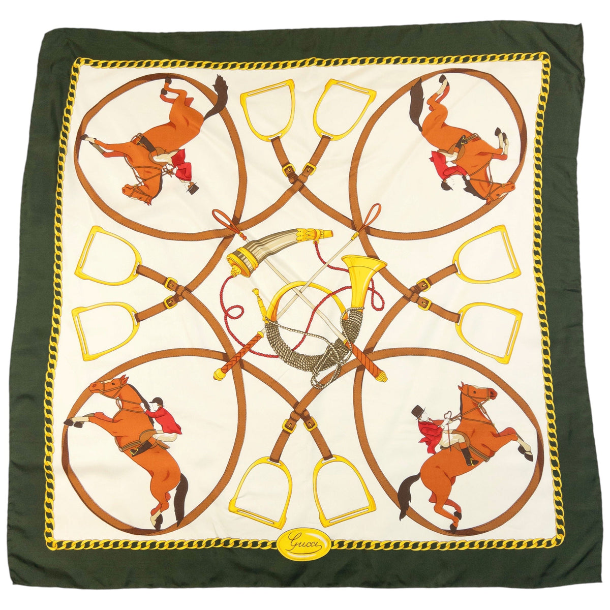 Vintage 90s Gucci Equestrian Horse Bit Print Silk Scarf | O/S, Green, Yellow, Brown, White