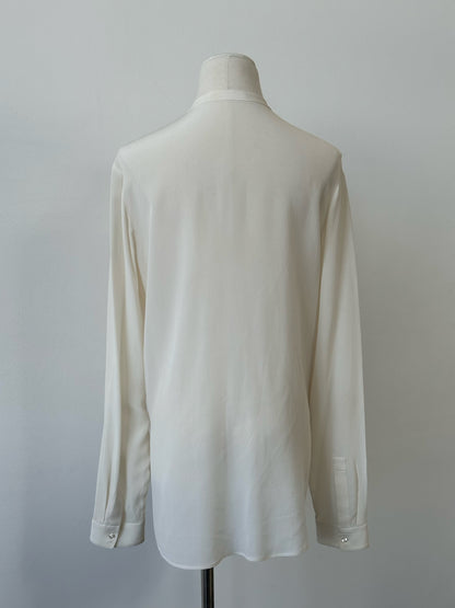 Hugo Boss pure silk collarless shirt in size M, showcasing sleek minimal design and smooth silk fabric.