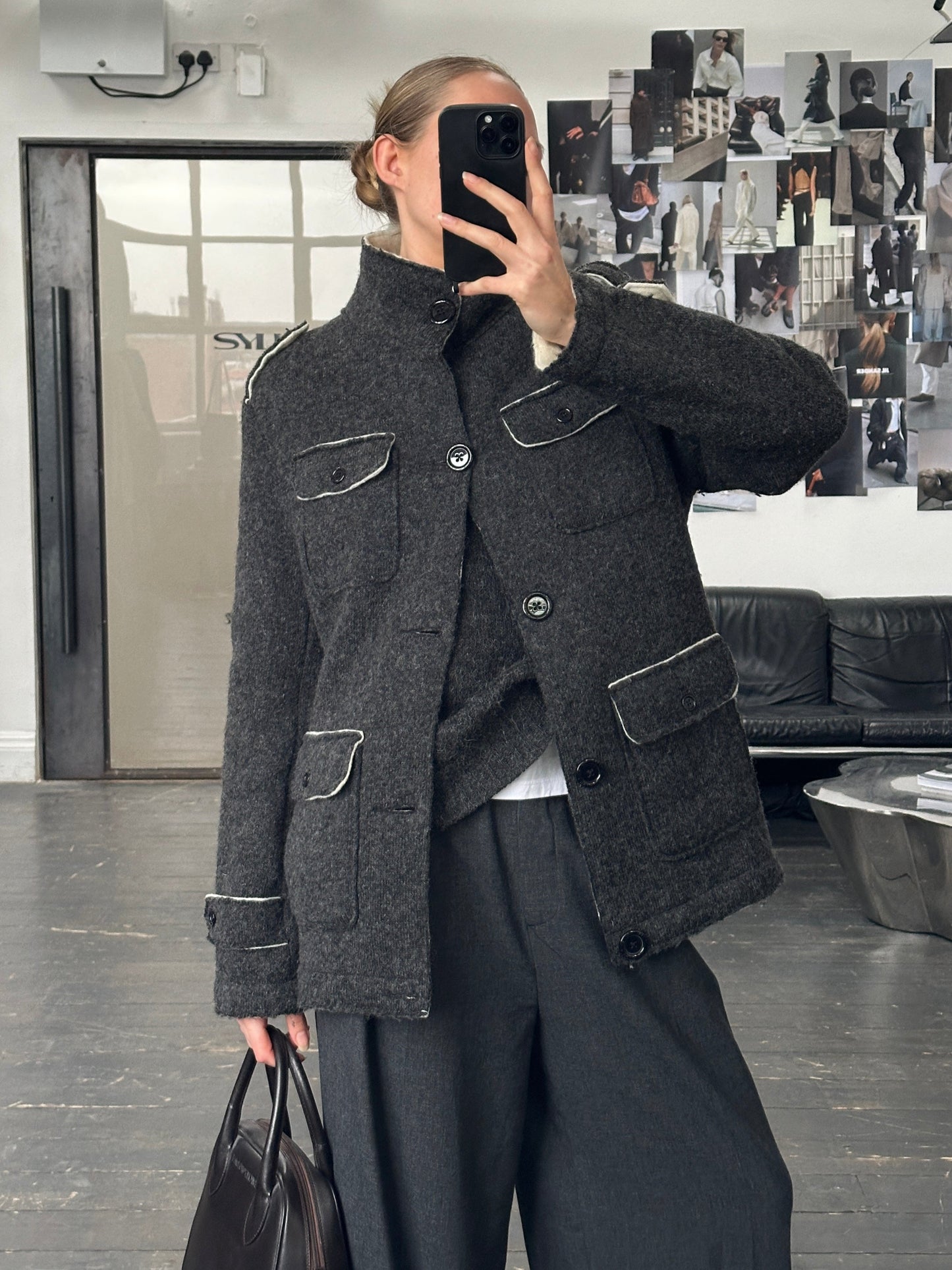 Vintage 1990s Wool High Neck Utility Jacket - L