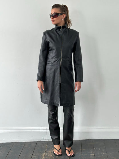 Vintage 2000s Double Zip Leather Trench Coat - M