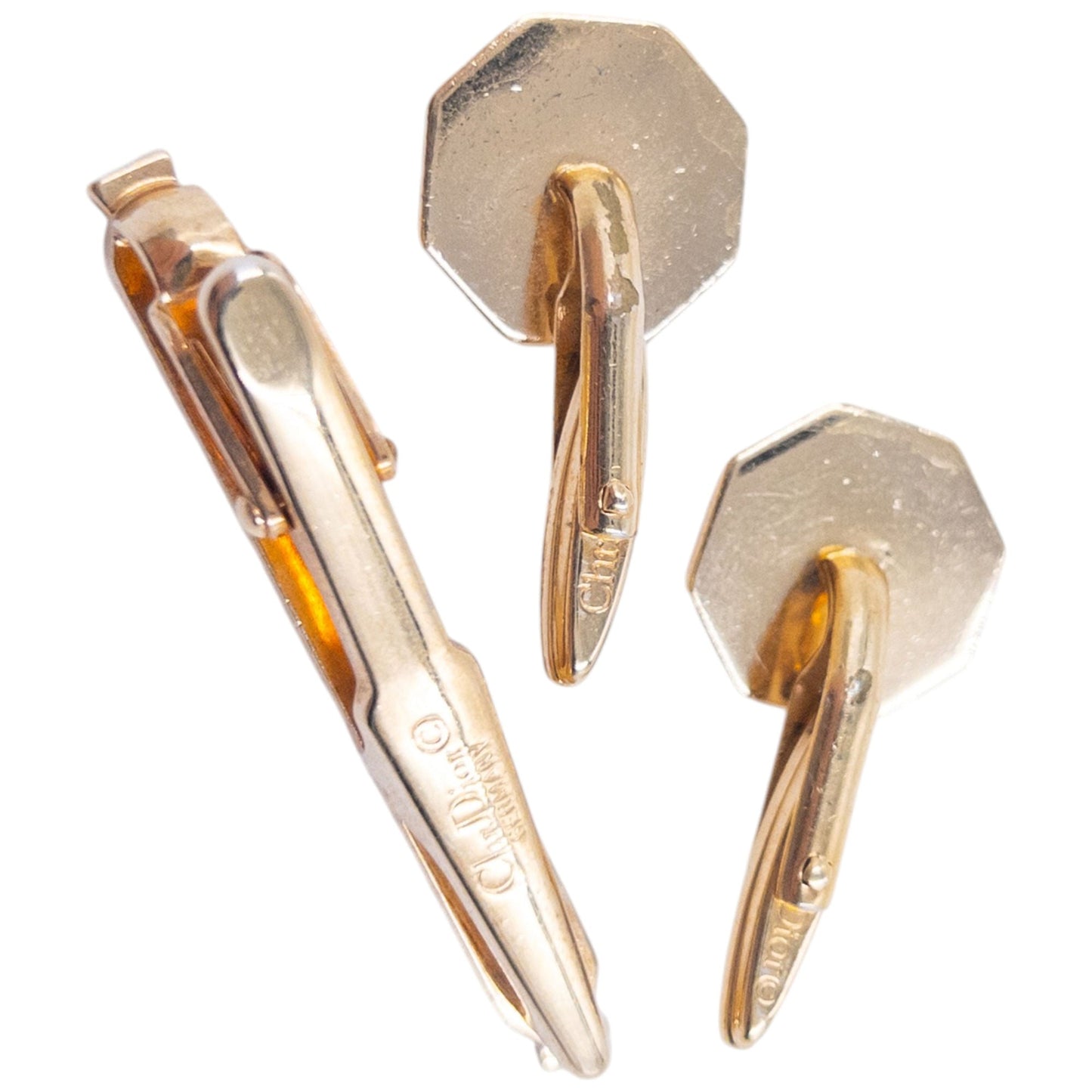 Vintage 90s Dior Embossed Cufflinks & Tie Clip Set | O/S, Gold