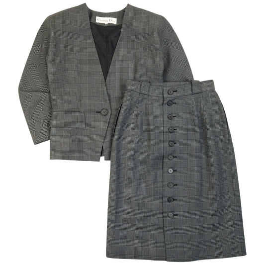 Vintage 90s Dior Checkered Wool Jacket & Skirt Suit Set Womens Size S | Small, Grey