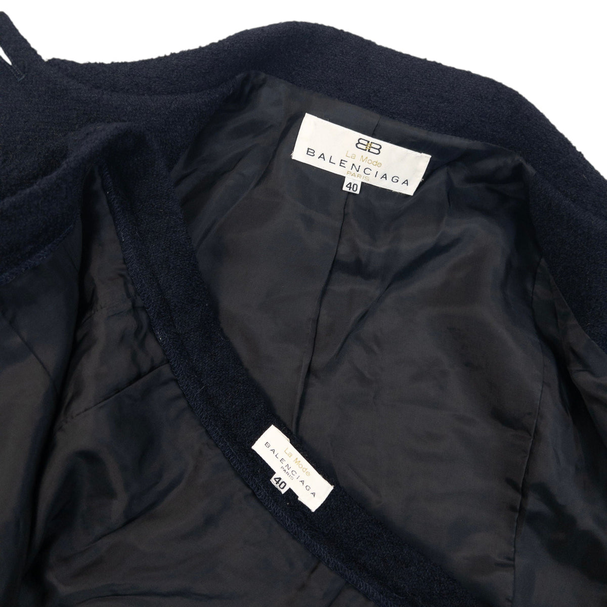 Vintage 90s Balenciaga La Mode Tweed Wool Jacket & Skirt Set Womens Size M | Medium, Navy