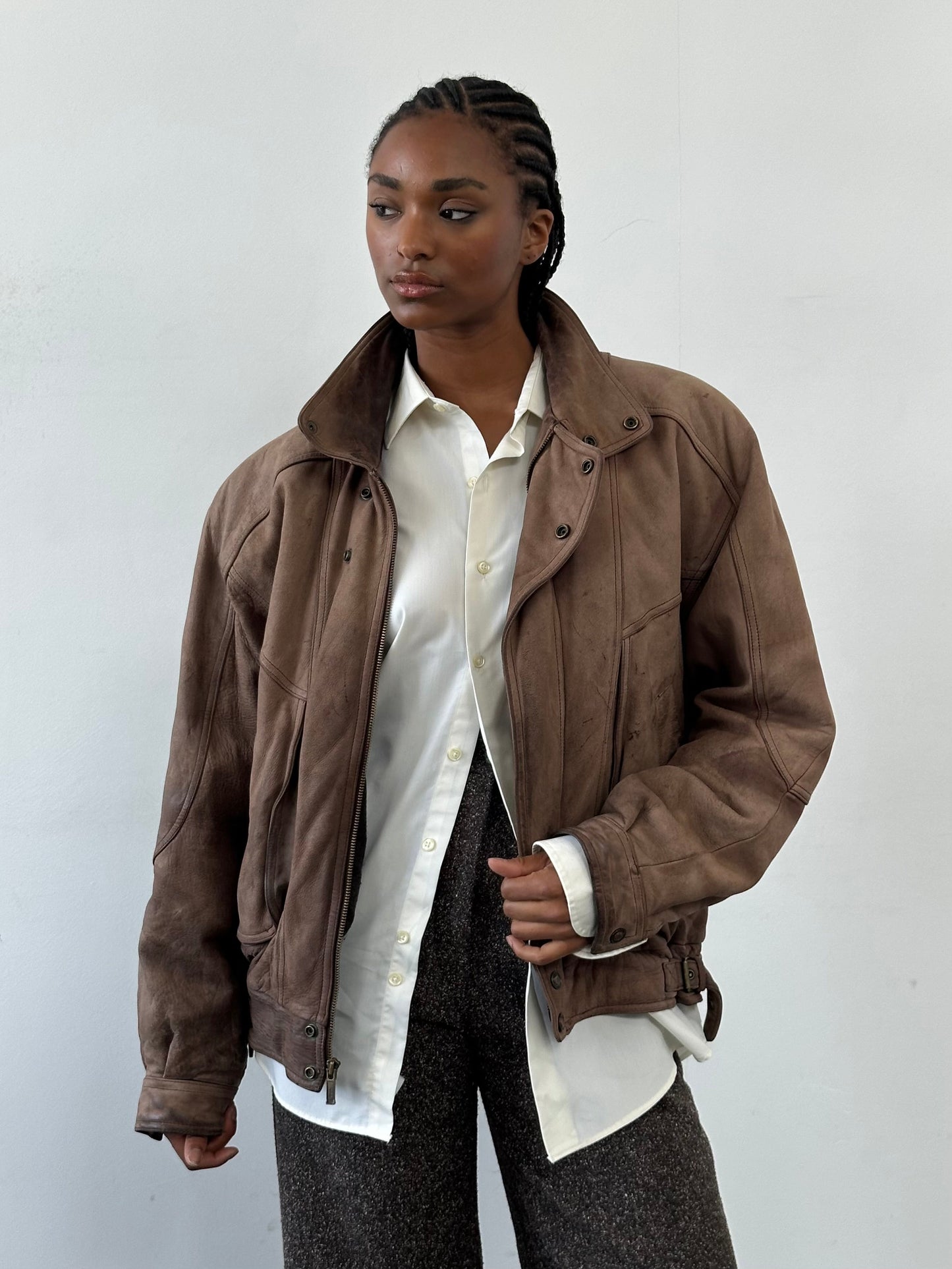 Vintage 1990s High Neck Aged Leather Bomber Jacket - L
