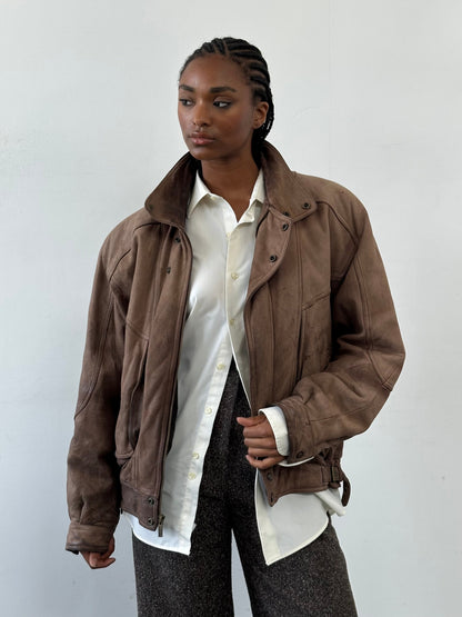 Vintage 1990s High Neck Aged Leather Bomber Jacket - L