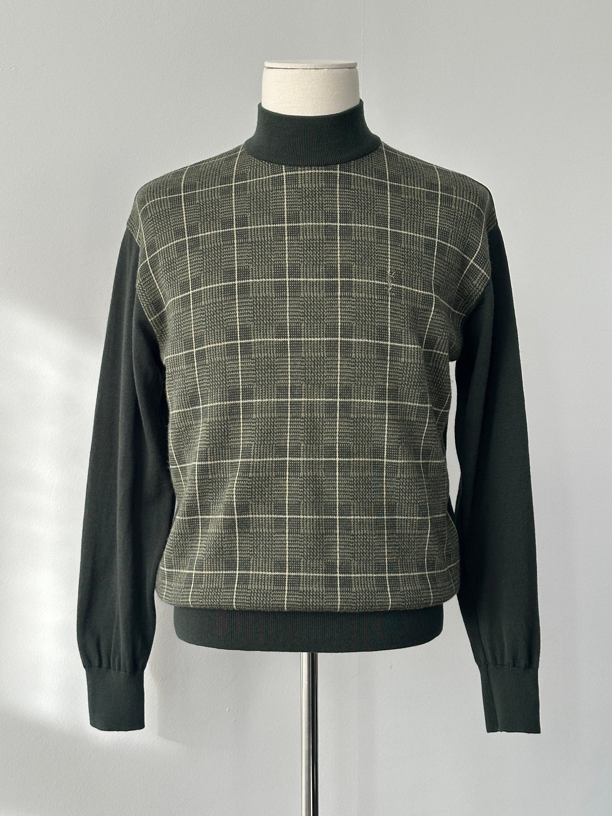 Yves Saint Laurent 1990s pure wool check high neck jumper in black and white, S-M size, featuring a classic check pattern and high neckline.
