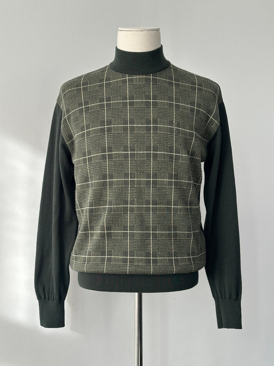 Yves Saint Laurent 1990s pure wool check high neck jumper in black and white, S-M size, featuring a classic check pattern and high neckline.