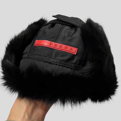 Prada Sport AW99 Goat Fur Nylon Canvas Trapper Hat - L (M) | O/S, Black