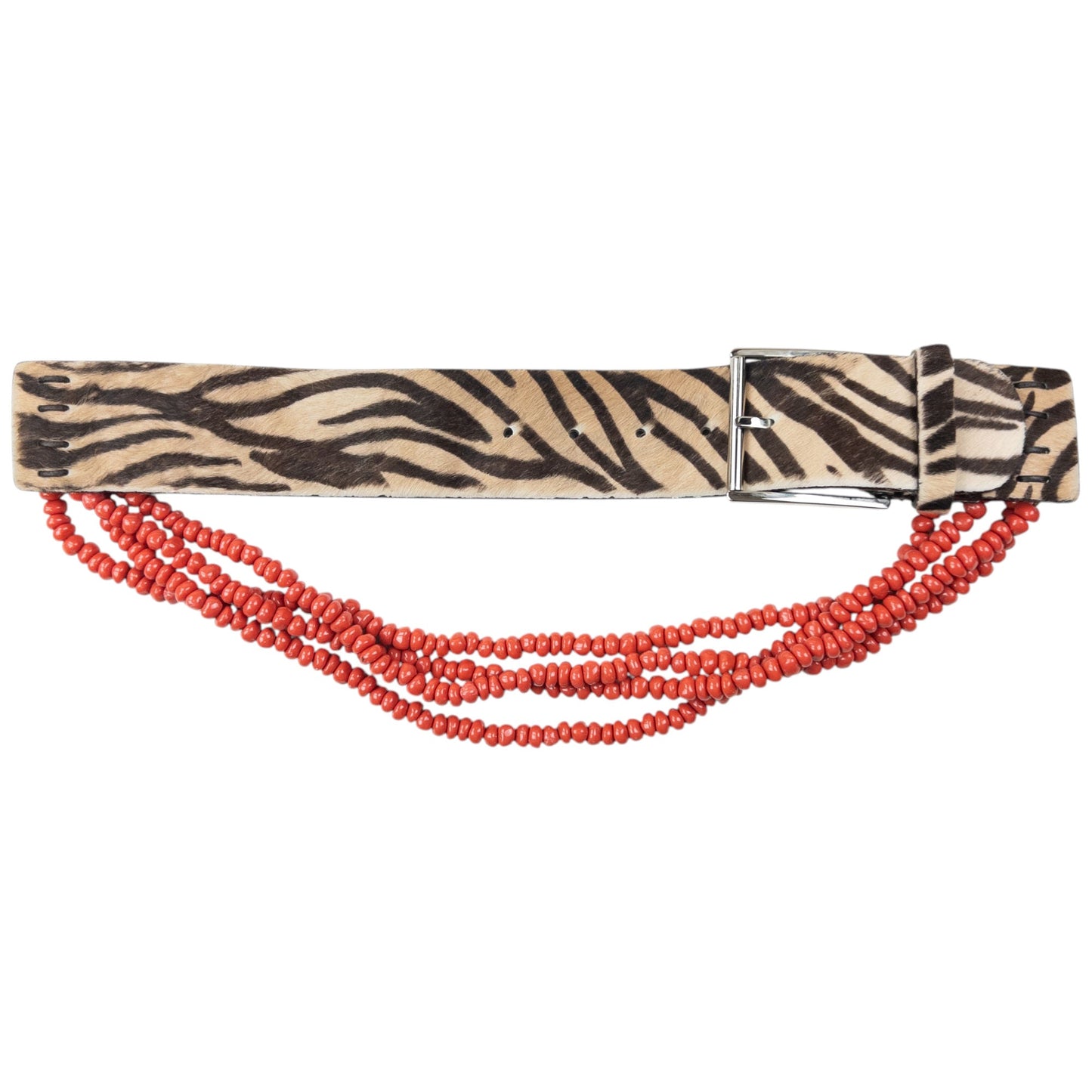 Vintage 90s Gianni Versace Beaded Zebra Striped Pony Hair Belt Size S | O/S, Tan, Black, Red