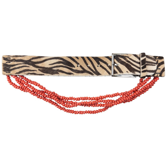 Vintage 90s Gianni Versace Beaded Zebra Striped Pony Hair Belt Size S | O/S, Tan, Black, Red