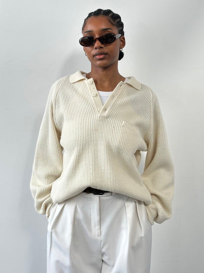 Vintage 1990s Wool Knitted Polo Jumper - XL