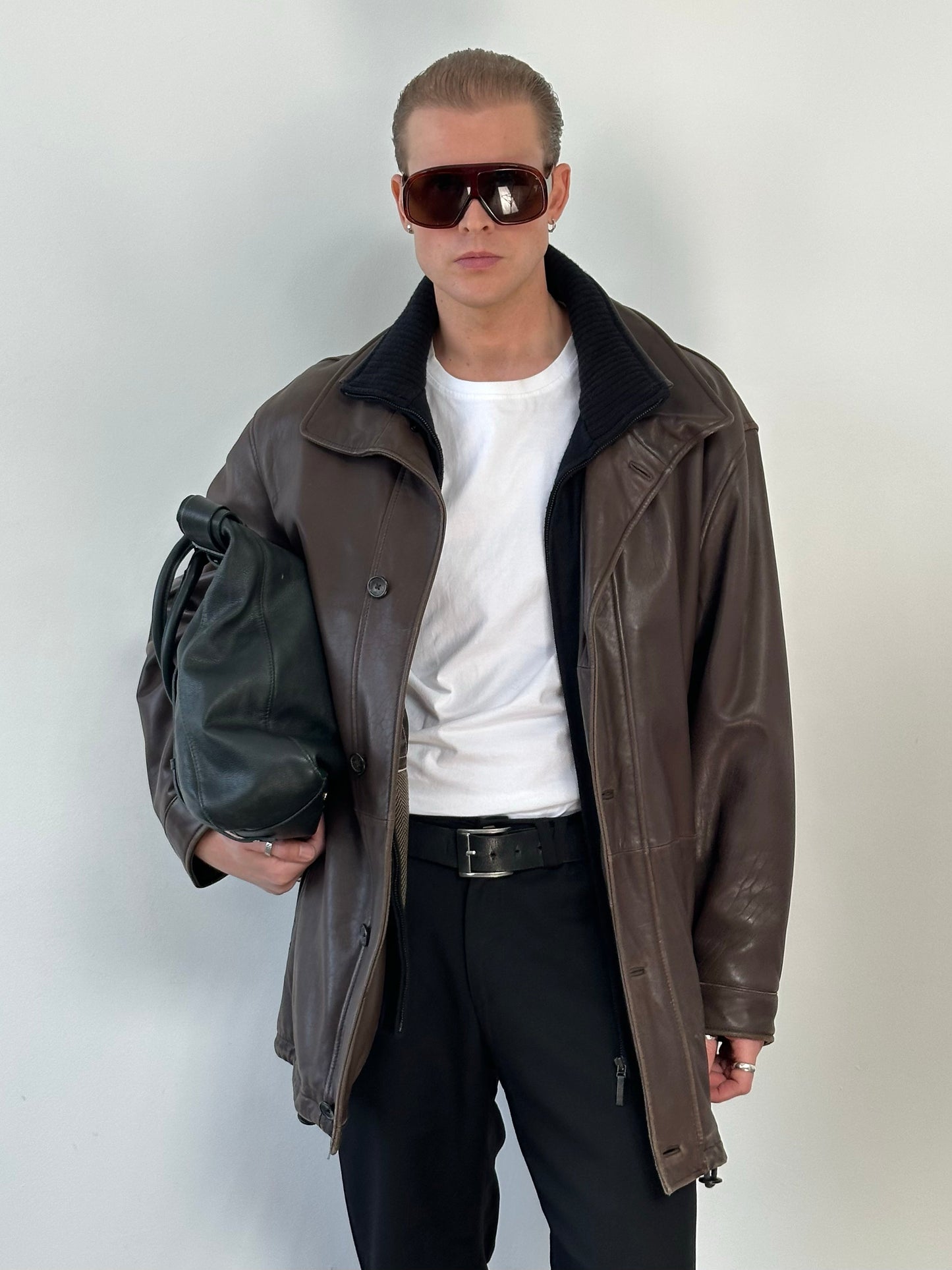 Vintage 1990s Leather Funnel Neck Jacket - XL