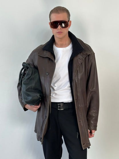 Vintage 1990s Leather Funnel Neck Jacket - XL