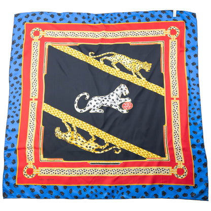 Vintage 90s Cartier Panther Print Silk Scarf | O/S, Black, Blue, Red, Yellow
