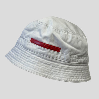 Prada Sport 1999 White Cotton Red Rubber Tab Bucket Hat - M | O/S, Red