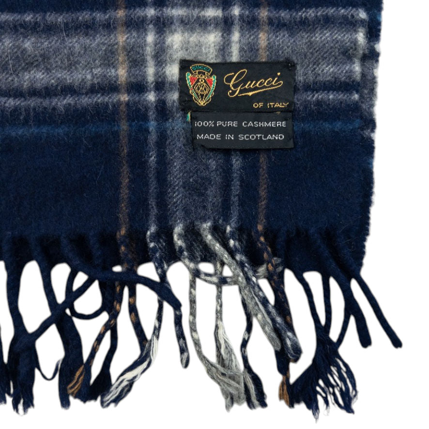 Vintage 80s Gucci Checkered Cashmere Tassel Scarf | O/S, Navy