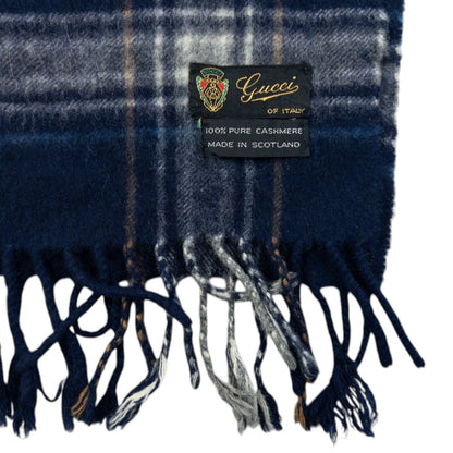 Vintage 80s Gucci Checkered Cashmere Tassel Scarf | O/S, Navy