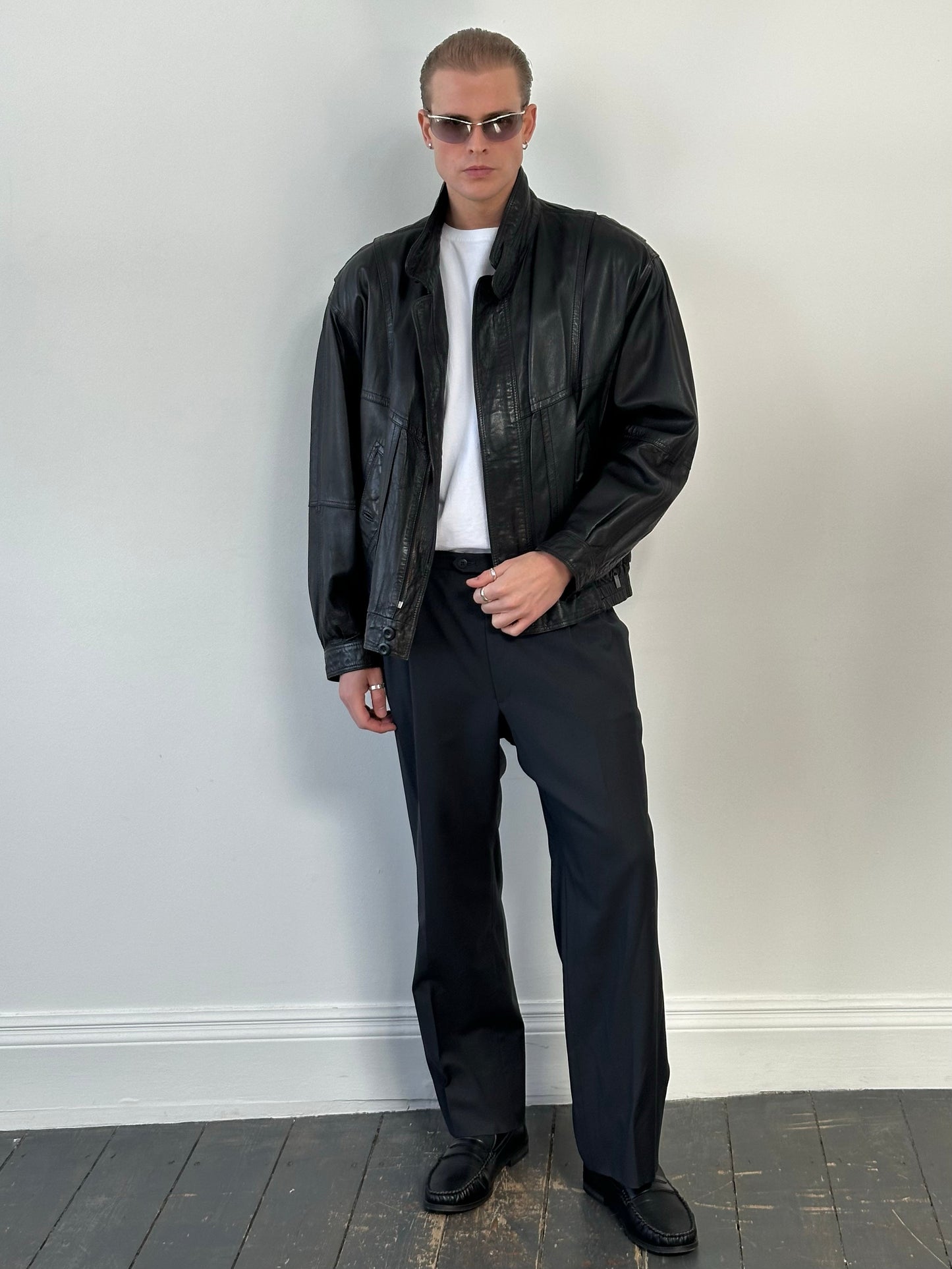 Vintage 1990s High Neck Leather Blouson Bomber Jacket - L