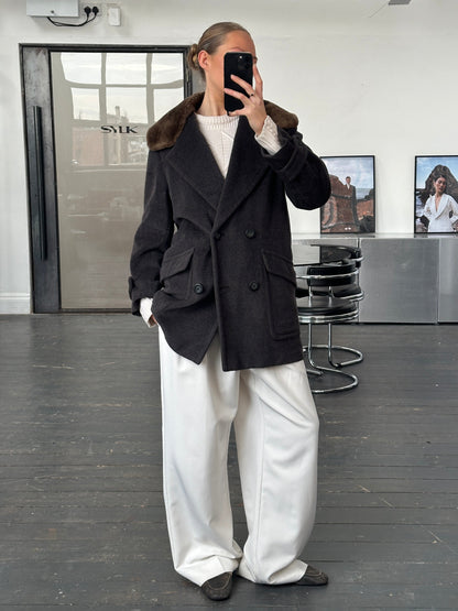 Max Mara 1990s Wool Cashmere Plush Fur Collar Coat - M/L