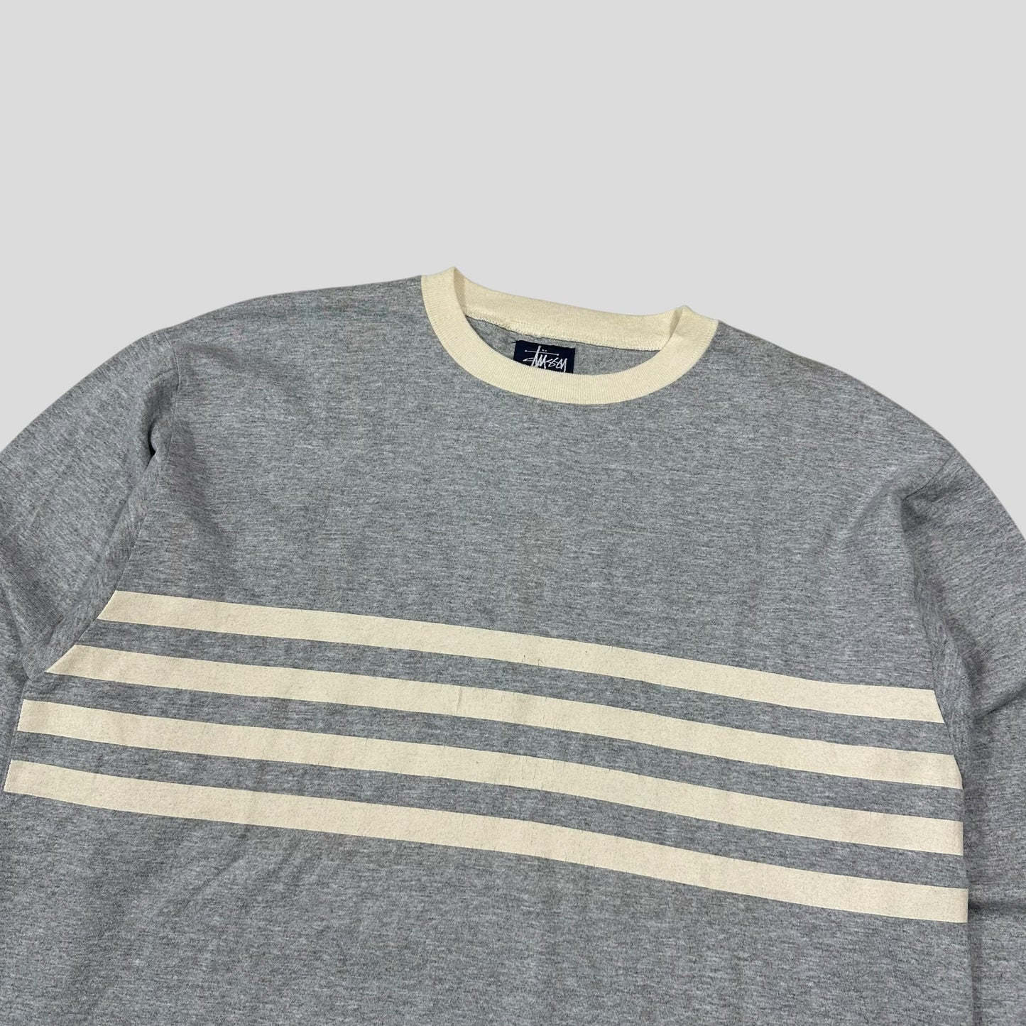 Stussy 90’s Made in USA Stock Logo Striped Crewneck T-shirt - L | Default Title, Grey