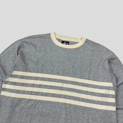 Stussy 90’s Made in USA Stock Logo Striped Crewneck T-shirt - L | Default Title, Grey