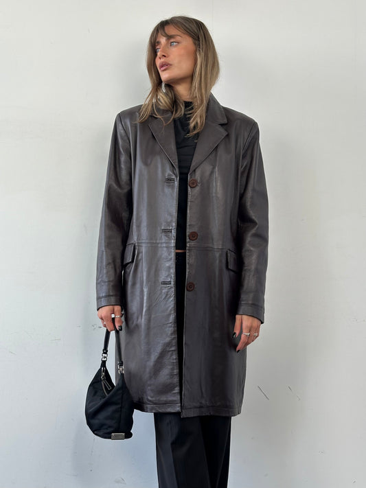 Vintage Minimal Leather Coat - L