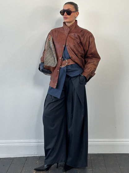 Vintage 1980s High Neck Leather Bomber Jacket - L