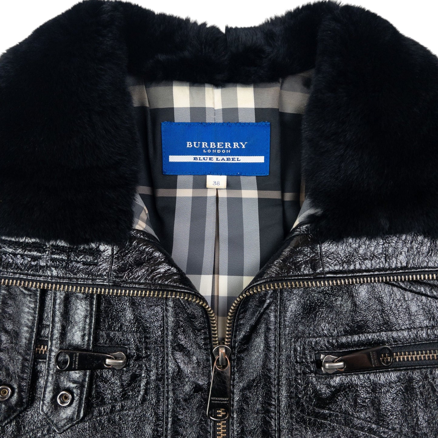Vintage 2000s Burberry Fur Collar Nova Check Lined Leather Jacket Womens Size L | Large, Black