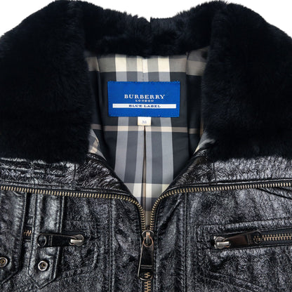 Vintage 2000s Burberry Fur Collar Nova Check Lined Leather Jacket Womens Size L | Large, Black